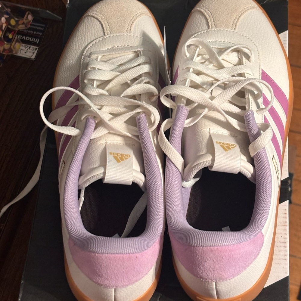 Adidas Cream Sneakers with Purple Stripes - Picture 9 of 9